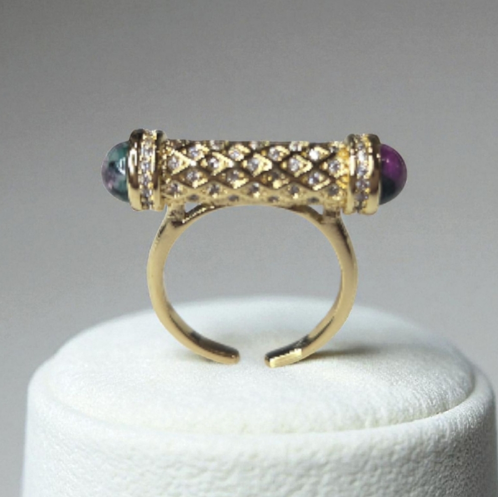18k Gold Plated Ruby Zoisite Gemstone Pave Crystal Bar Statement Ring